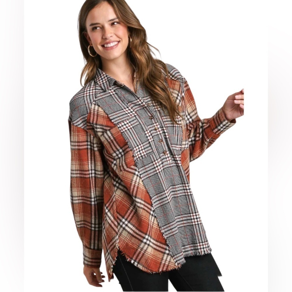 Umgee Mixed Plaid Flannel Half Button Down Frayed Hem Fall Brick Sz M